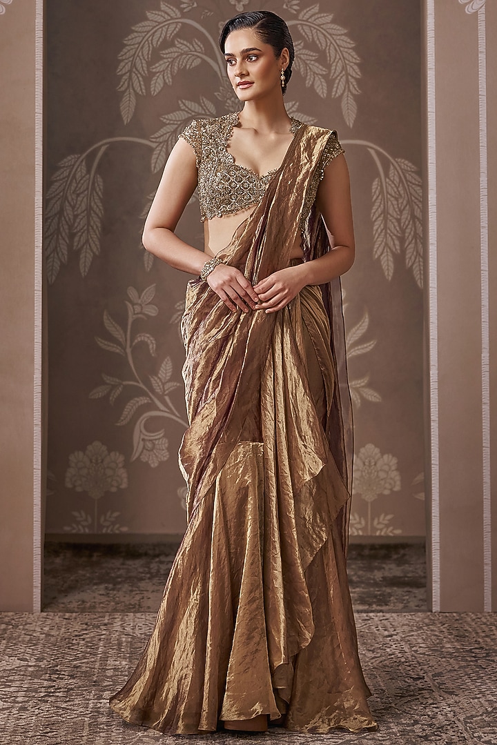 Antique Gold Tissue Embroidered Draped Reception Saree Set by Ridhi Mehra at Pernia's Pop Up Shop