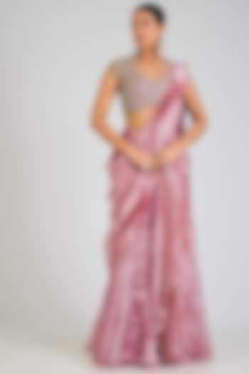 Fuchsia-Orange Tissue Pre-Draped Reception Saree Set by Ridhi Mehra at Pernia's Pop Up Shop