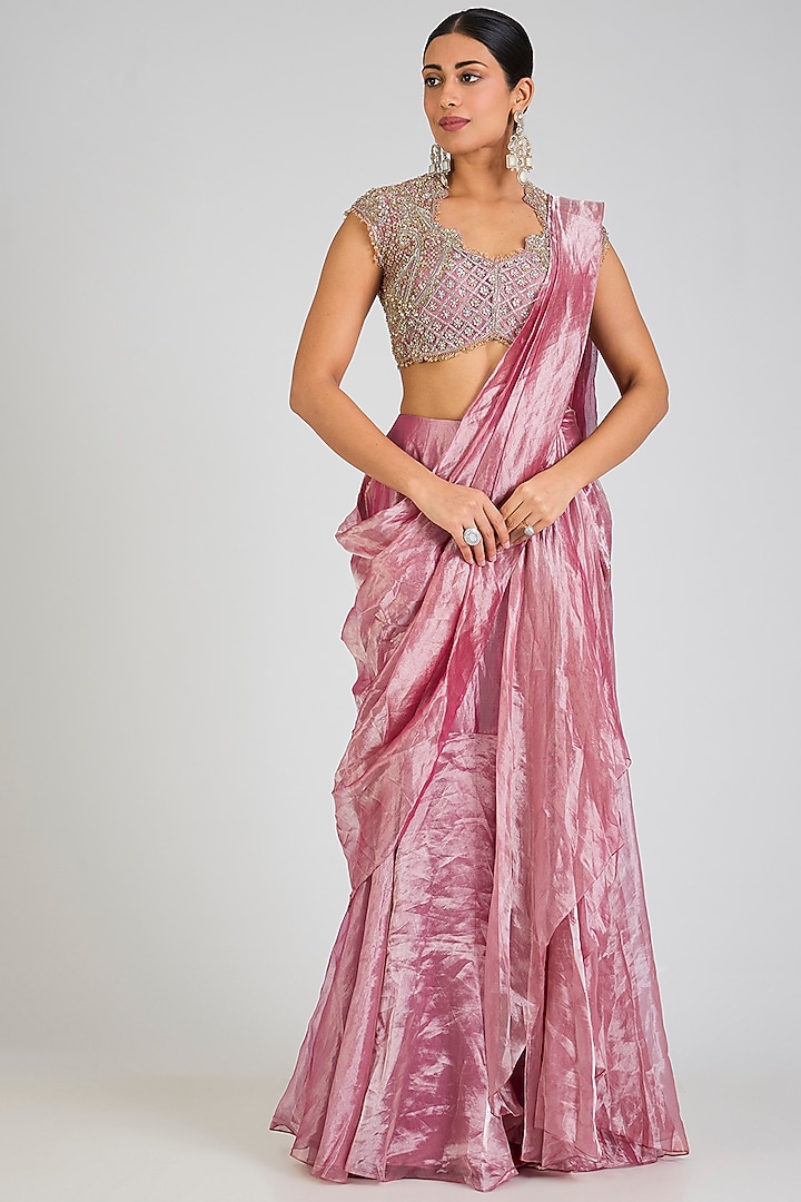 Fuchsia-Orange Tissue Pre-Draped Reception Saree Set by Ridhi Mehra at Pernia's Pop Up Shop