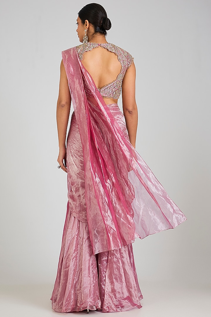 Fuchsia-Orange Tissue Pre-Draped Reception Saree Set by Ridhi Mehra at Pernia's Pop Up Shop