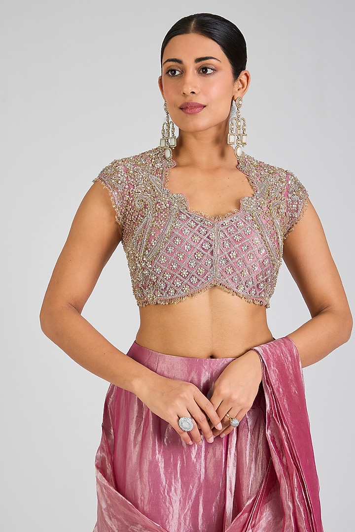 Fuchsia-Orange Tissue Pre-Draped Reception Saree Set by Ridhi Mehra at Pernia's Pop Up Shop