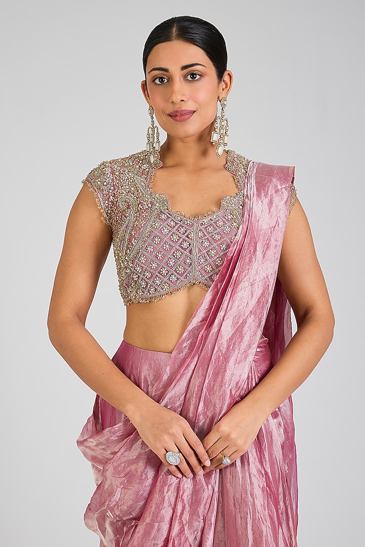 Fuchsia-Orange Tissue Pre-Draped Reception Saree Set by Ridhi Mehra at Pernia's Pop Up Shop
