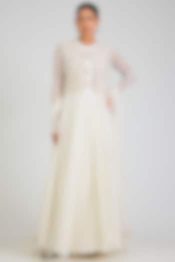 Ivory Chiffon Embroidered Bridal Anarkali Set by Ridhi Mehra at Pernia's Pop Up Shop