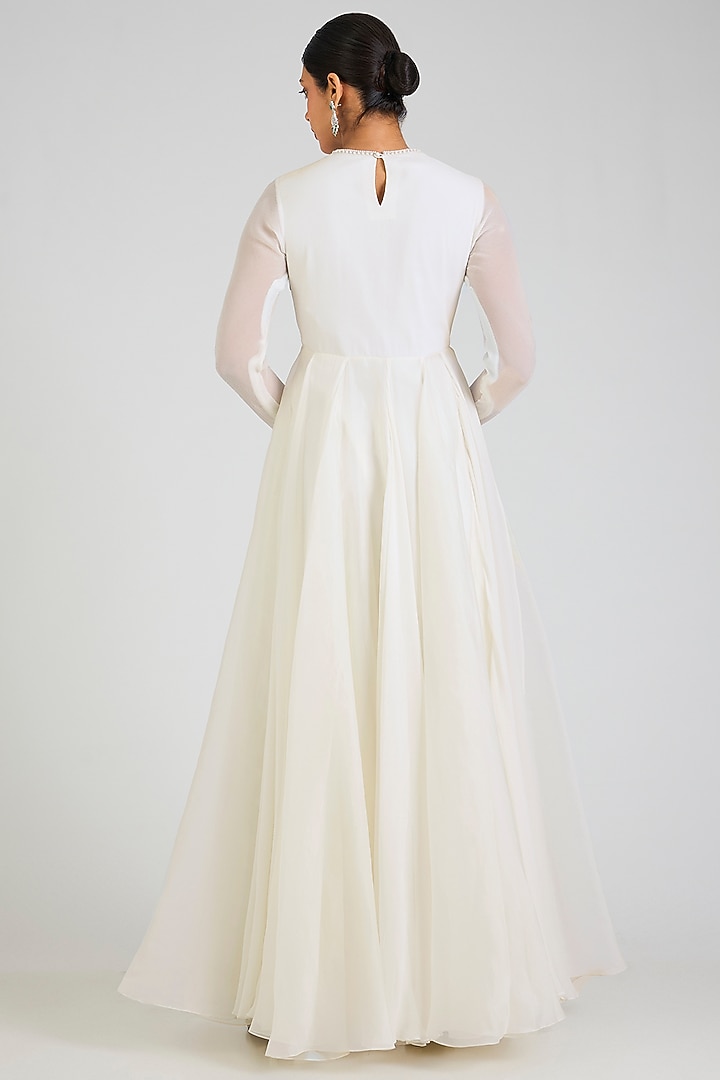 Ivory Chiffon Embroidered Bridal Anarkali Set by Ridhi Mehra at Pernia's Pop Up Shop