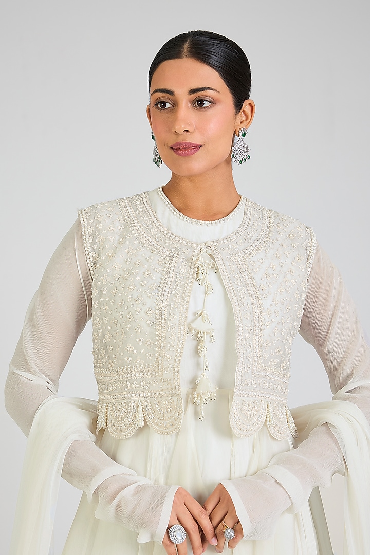 Ivory Chiffon Embroidered Bridal Anarkali Set by Ridhi Mehra at Pernia's Pop Up Shop