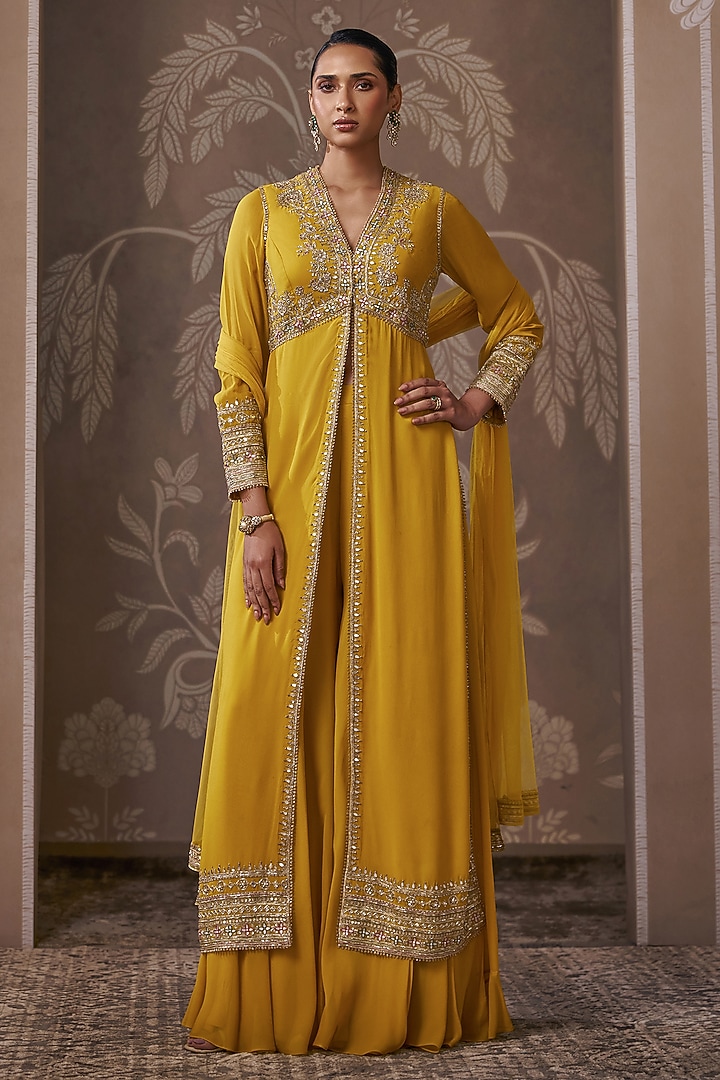 Yellow Georgette Embroidered Bridal Sharara Set by Ridhi Mehra at Pernia's Pop Up Shop