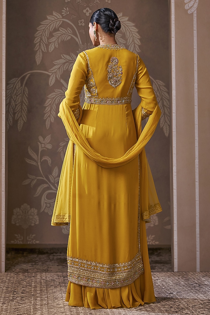 Yellow Georgette Embroidered Bridal Sharara Set by Ridhi Mehra at Pernia's Pop Up Shop