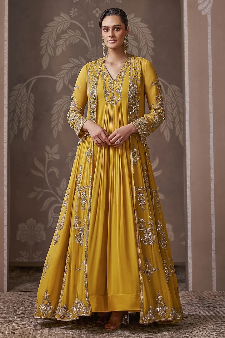 Yellow Georgette Embroidered Bridal Anarkali With Jacket by Ridhi Mehra at Pernia's Pop Up Shop