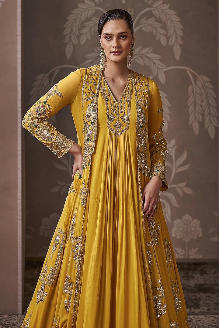 Yellow Georgette Embroidered Bridal Anarkali With Jacket by Ridhi Mehra at Pernia's Pop Up Shop