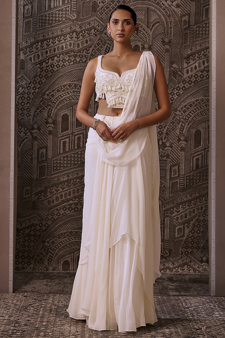 Ivory Chiffon Embroidered Draped Reception Saree Set by Ridhi Mehra at Pernia's Pop Up Shop