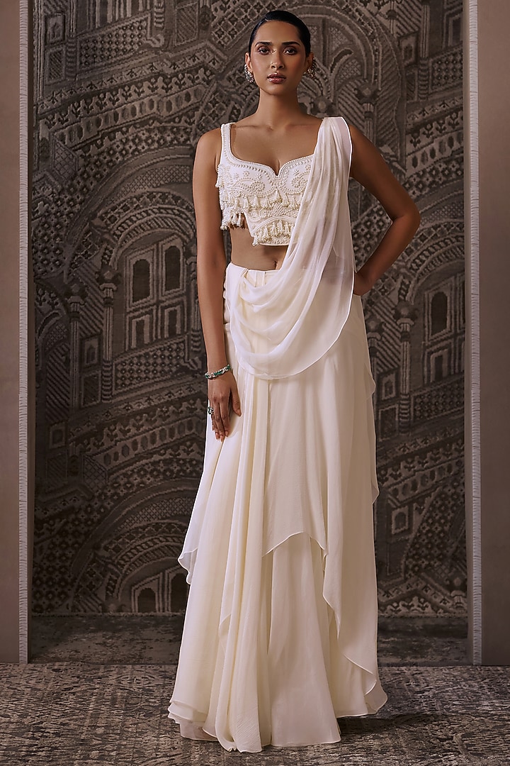 Ivory Chiffon Embroidered Draped Reception Saree Set by Ridhi Mehra at Pernia's Pop Up Shop
