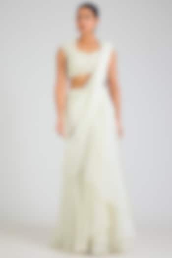 Ivory Chiffon & Organza Embroidered Draped Reception Saree Set by Ridhi Mehra at Pernia's Pop Up Shop