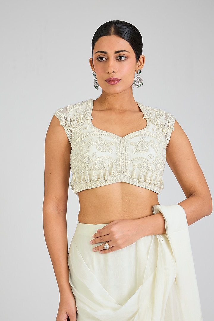 Ivory Chiffon & Organza Embroidered Draped Reception Saree Set by Ridhi Mehra at Pernia's Pop Up Shop