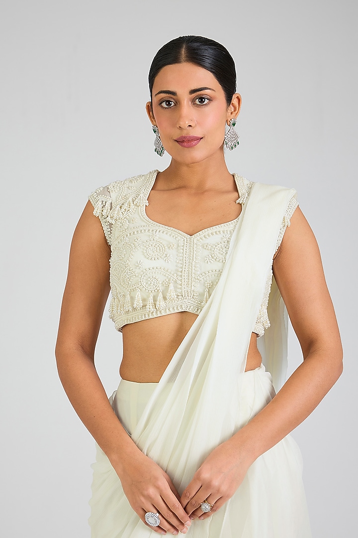 Ivory Chiffon & Organza Embroidered Draped Reception Saree Set by Ridhi Mehra at Pernia's Pop Up Shop