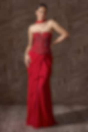 Red Chiffon Embroidered Draped Skirt Reception Saree Set by Ridhi Mehra at Pernia's Pop Up Shop