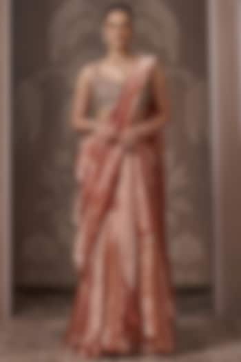 Fuchsia & Orange Tissue Embroidered Draped Reception Saree Set by Ridhi Mehra at Pernia's Pop Up Shop