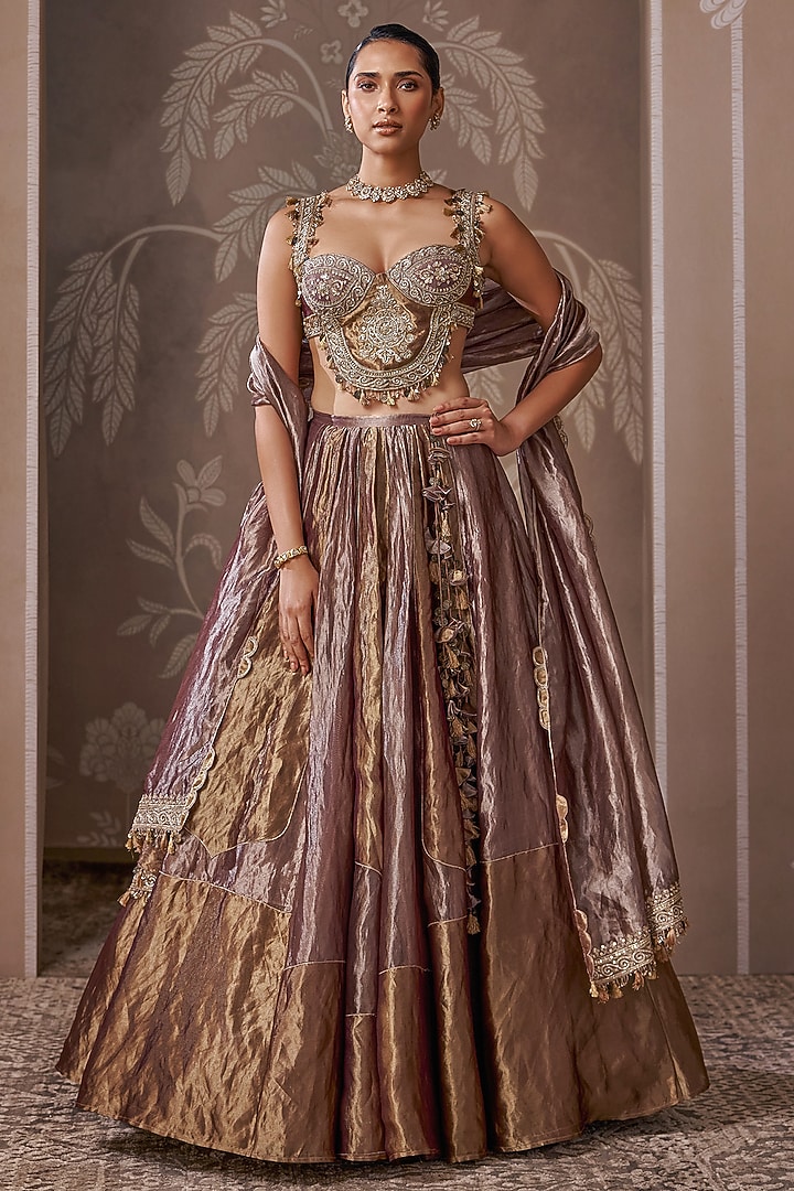 Antique Lilac & Gold Tissue Embroidered Bridal Lehenga Set by Ridhi Mehra at Pernia's Pop Up Shop