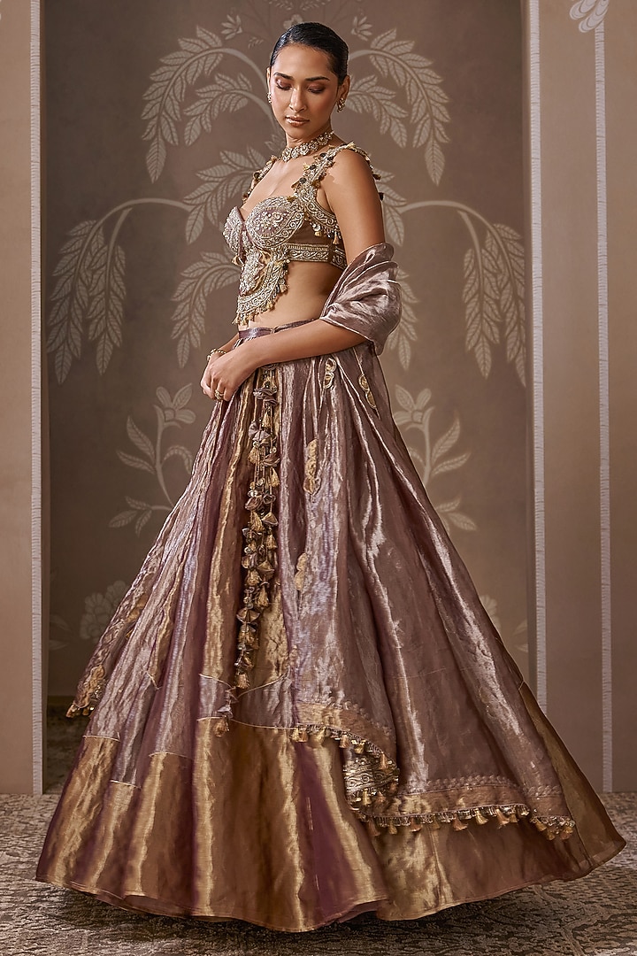 Antique Lilac & Gold Tissue Embroidered Bridal Lehenga Set by Ridhi Mehra at Pernia's Pop Up Shop