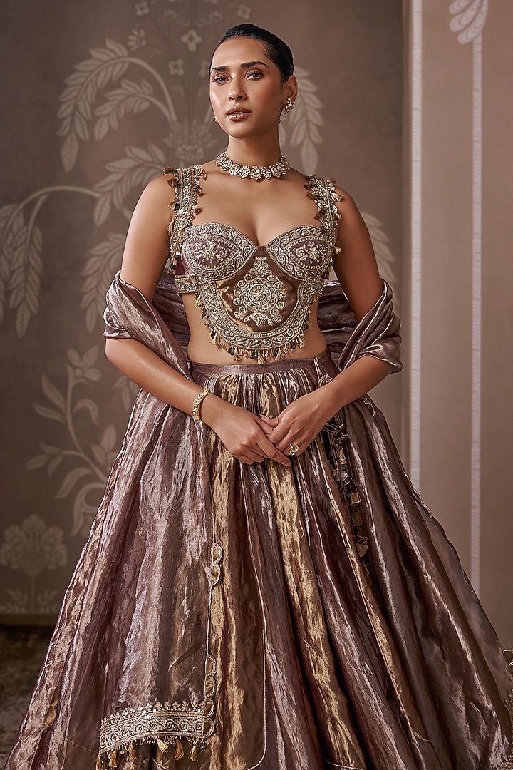Antique Lilac & Gold Tissue Embroidered Bridal Lehenga Set by Ridhi Mehra at Pernia's Pop Up Shop