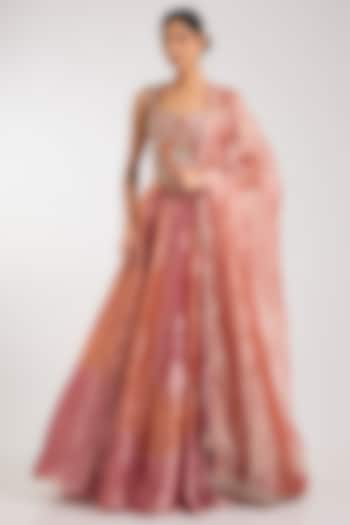 Fuchsia & Orange Tissue Embroidered Bridal Lehenga Set by Ridhi Mehra at Pernia's Pop Up Shop