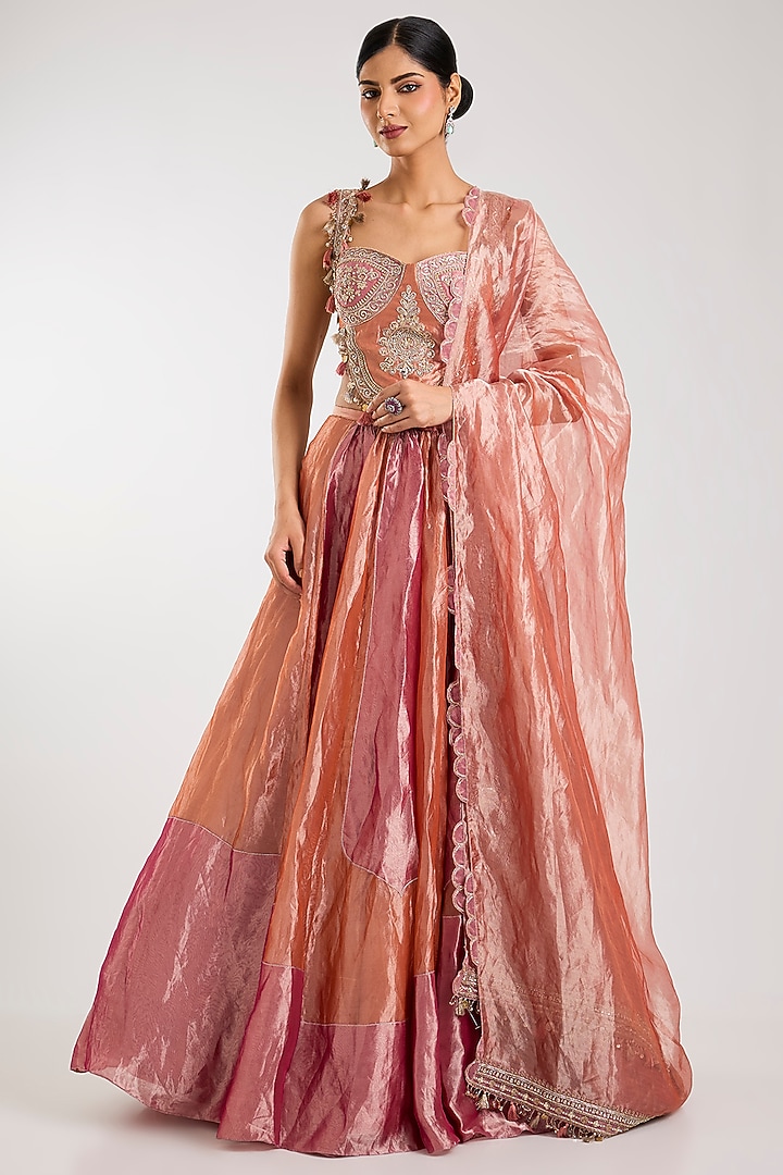 Fuchsia & Orange Tissue Embroidered Bridal Lehenga Set by Ridhi Mehra at Pernia's Pop Up Shop