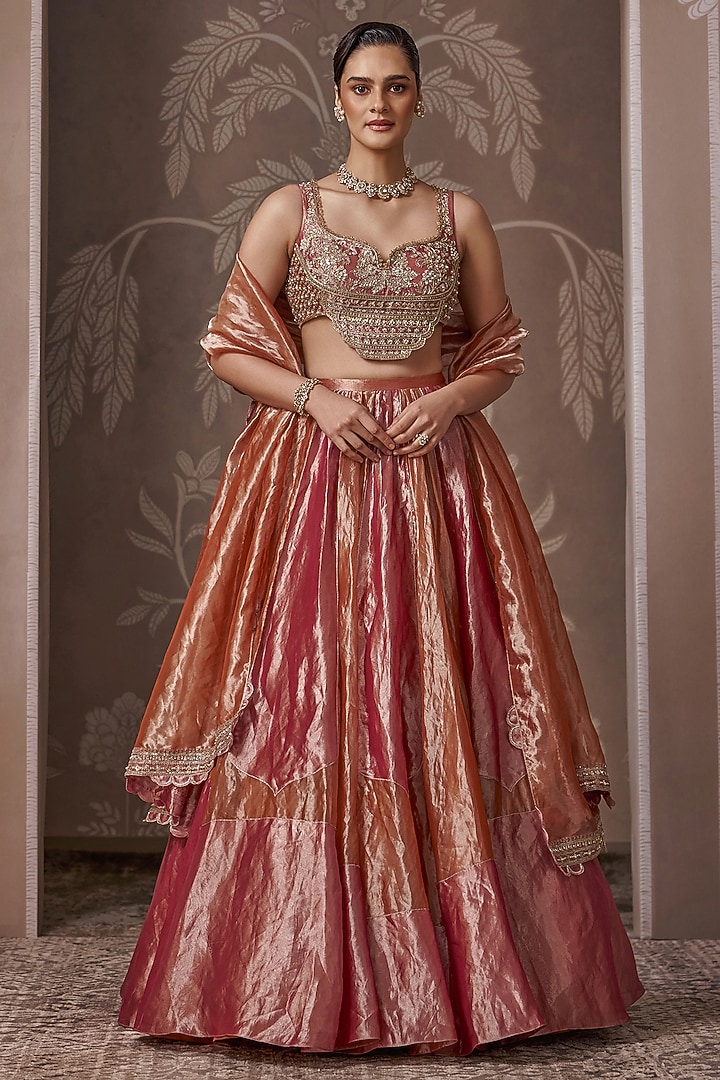 Fuchsia & Orange Tissue Embroidered Wedding Lehenga Set by Ridhi Mehra at Pernia's Pop Up Shop