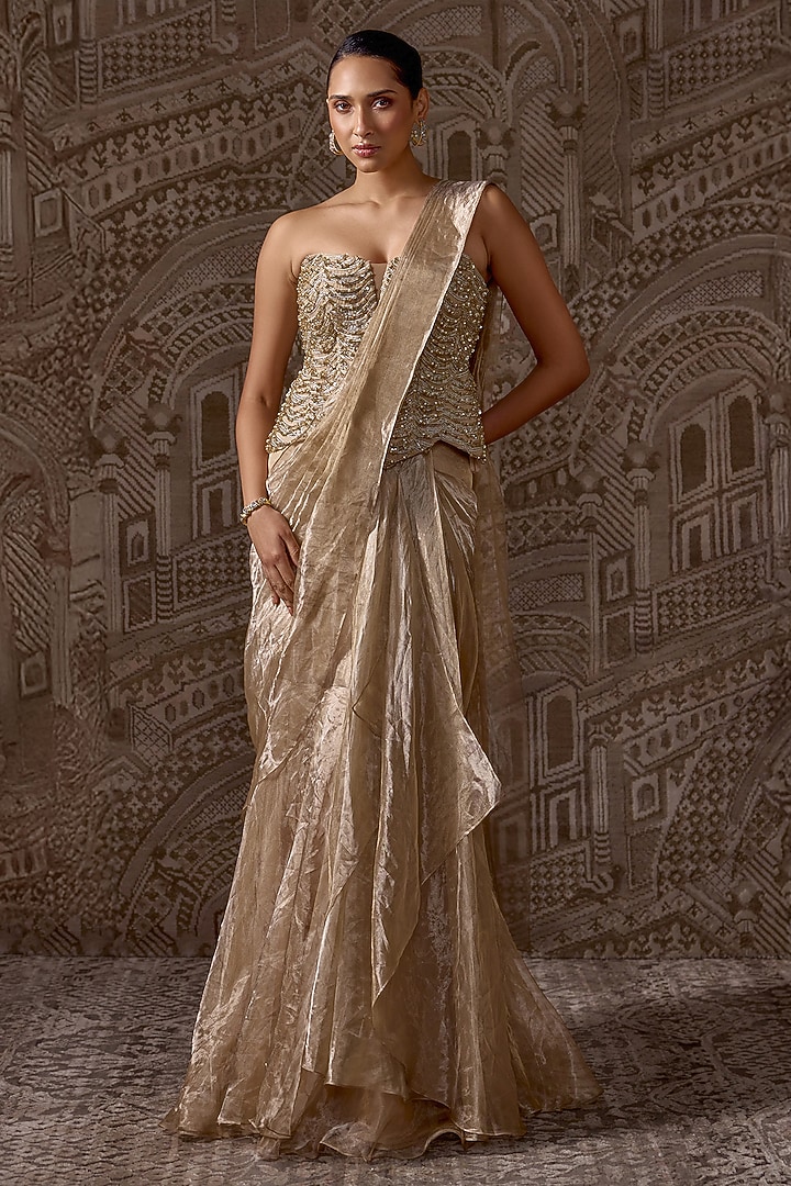 Gunmetal Grey Tissue Embroidered Pre-Stitched Reception Saree Set by Ridhi Mehra at Pernia's Pop Up Shop