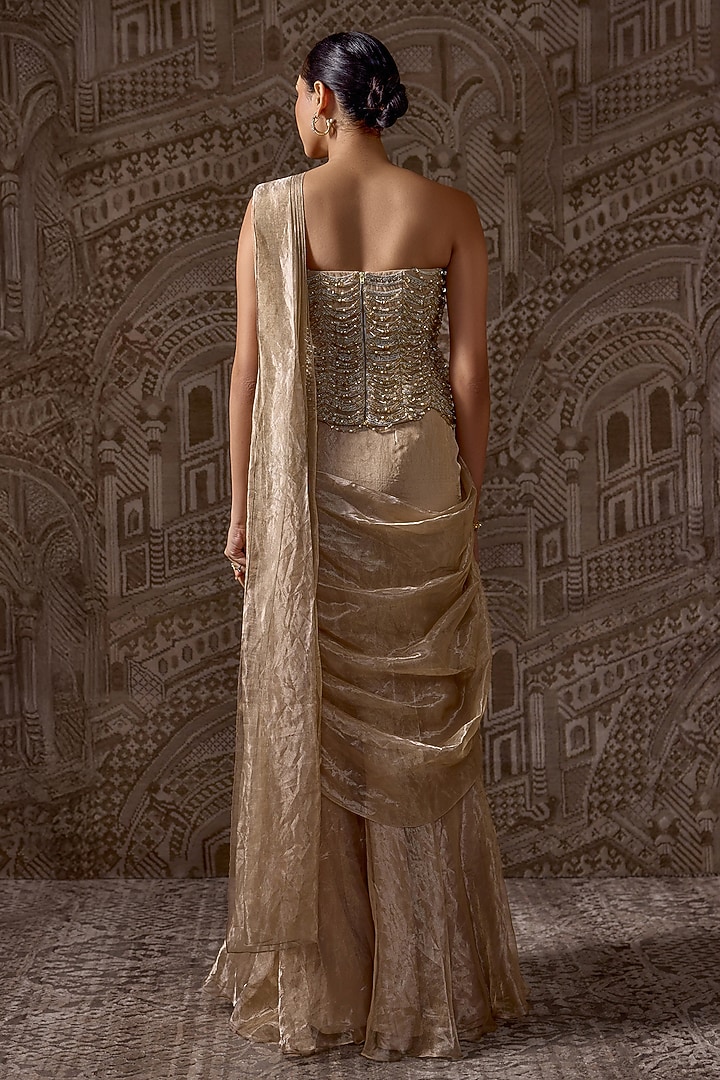 Gunmetal Tissue Draped Reception Saree Set by Ridhi Mehra at Pernia's Pop Up Shop