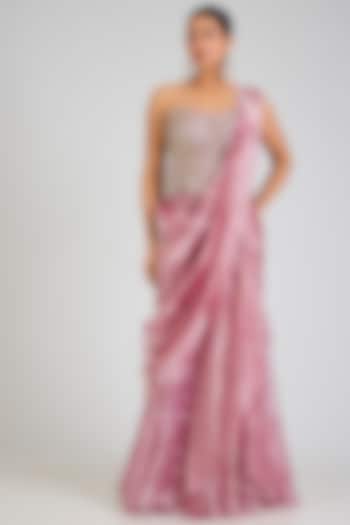 Fuchsia & Gold Tissue Embroidered Draped Reception Saree Set by Ridhi Mehra at Pernia's Pop Up Shop