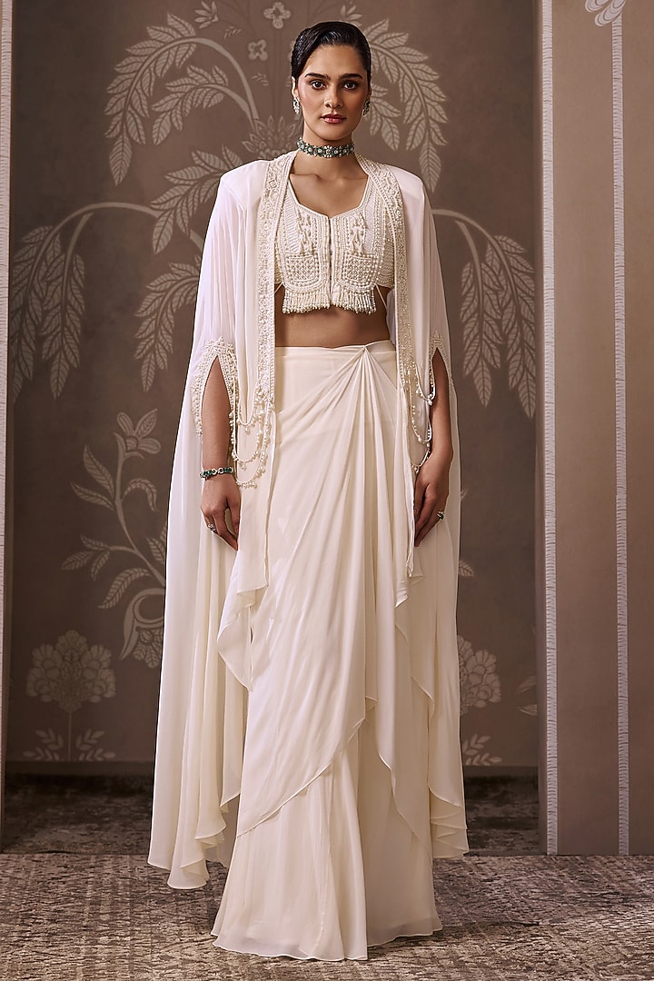 Ivory Georgette Embroidered Draped Skirt Set by Ridhi Mehra at Pernia's Pop Up Shop