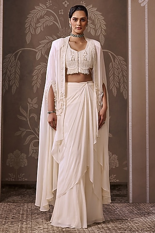 Ivory Georgette Embroidered Draped Skirt Set by Ridhi Mehra
