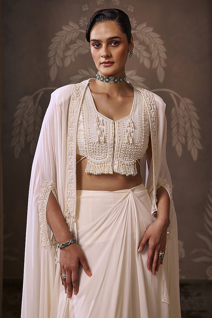 Ivory Georgette Embroidered Draped Skirt Set by Ridhi Mehra at Pernia's Pop Up Shop