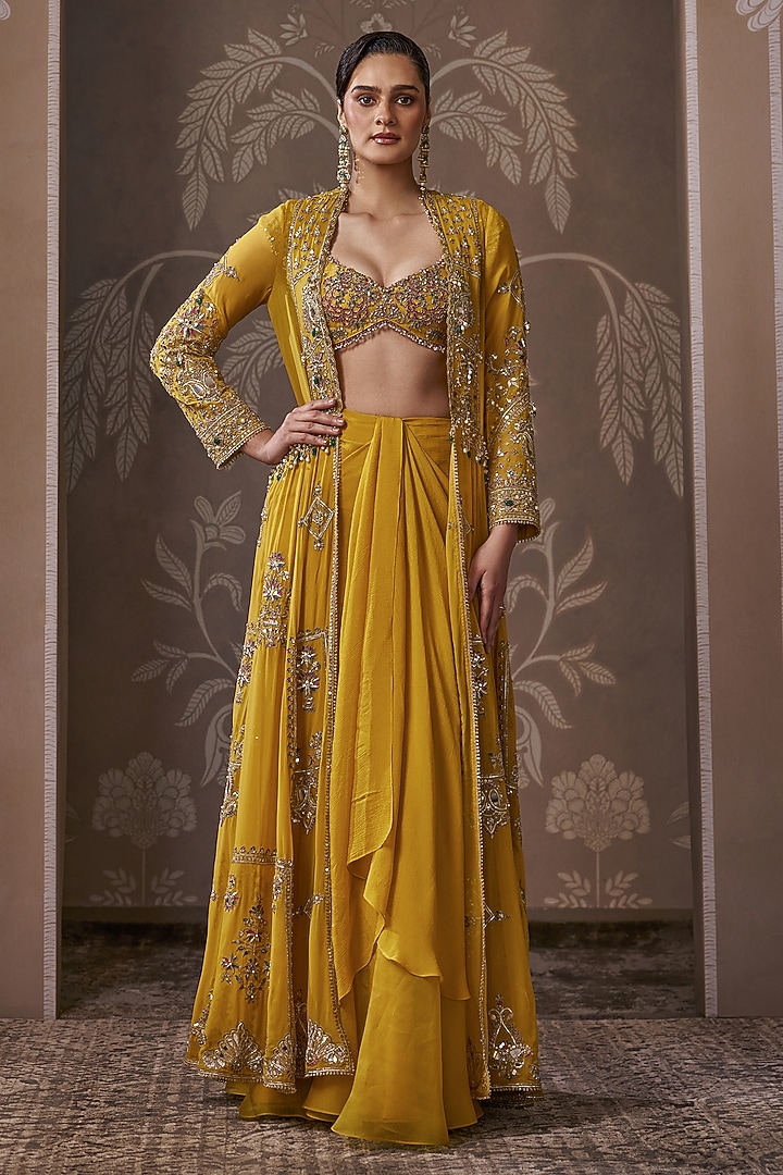 Yellow Georgette Embroidered Long Jacket Set by Ridhi Mehra at Pernia's Pop Up Shop