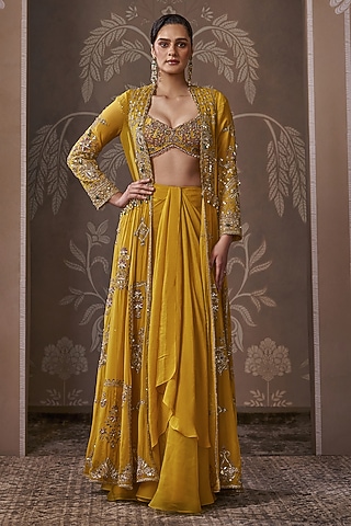 Yellow Georgette Embroidered Long Jacket Set by Ridhi Mehra