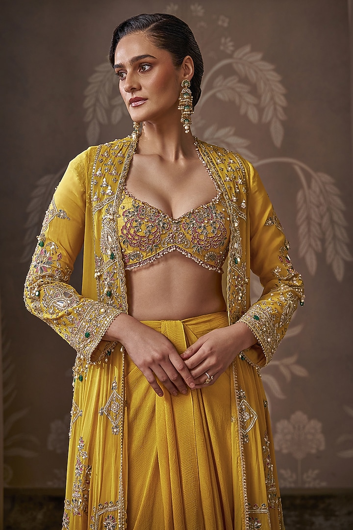 Yellow Georgette Embroidered Long Jacket Set by Ridhi Mehra at Pernia's Pop Up Shop