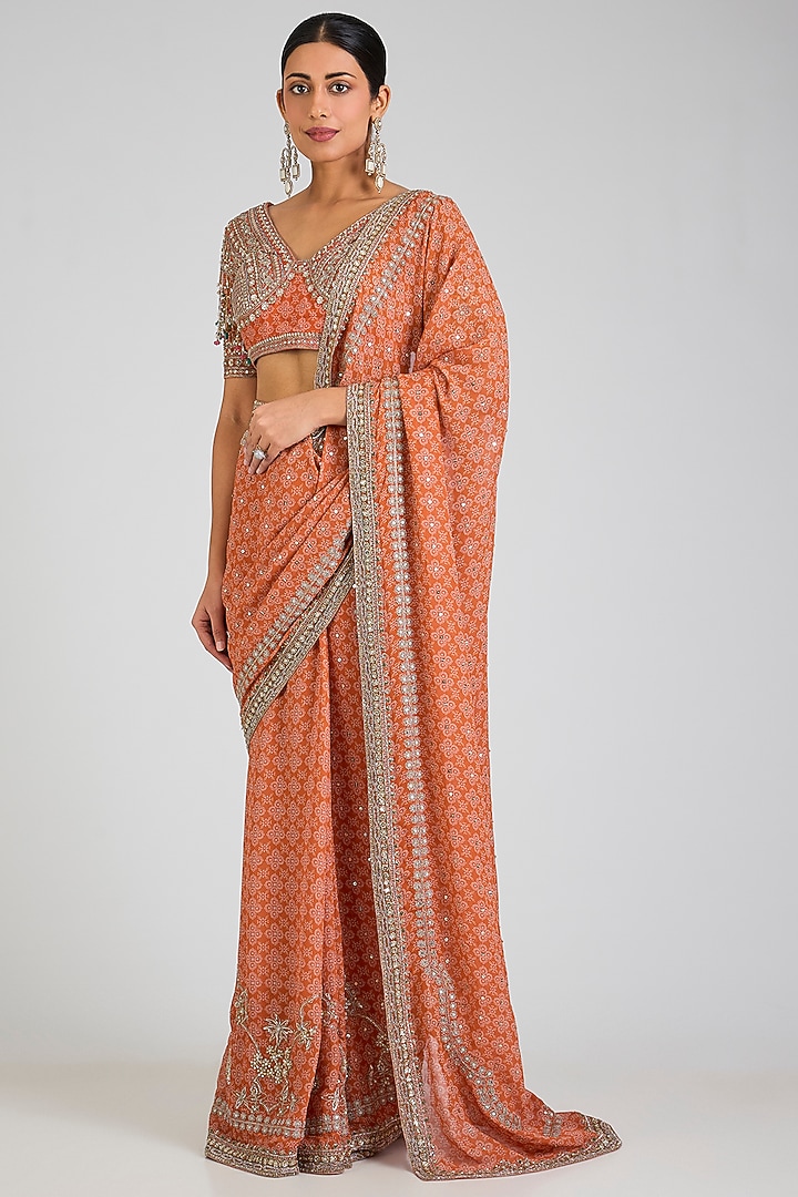 Orange Georgette Printed Bridal Saree Set by Ridhi Mehra at Pernia's Pop Up Shop