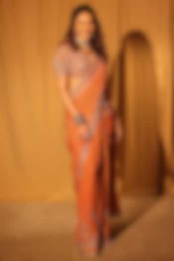 Orange Georgette Printed Bridal Saree Set by Ridhi Mehra at Pernia's Pop Up Shop
