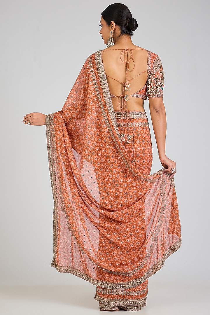 Orange Georgette Printed Bridal Saree Set by Ridhi Mehra at Pernia's Pop Up Shop