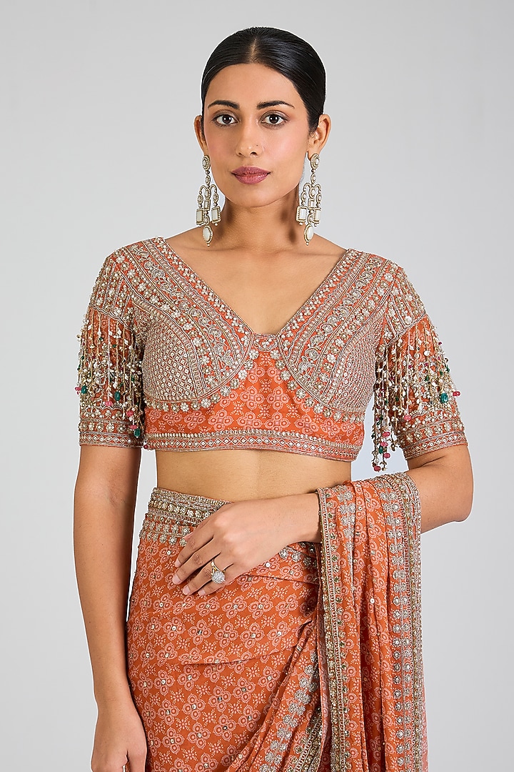 Orange Georgette Printed Bridal Saree Set by Ridhi Mehra at Pernia's Pop Up Shop