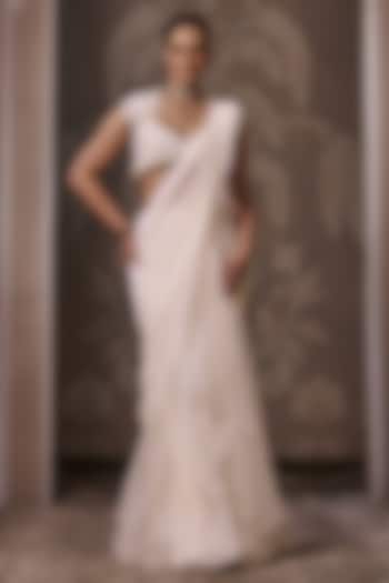 Ivory Chiffon & Organza Embroidered Draped Reception Saree Set by Ridhi Mehra at Pernia's Pop Up Shop