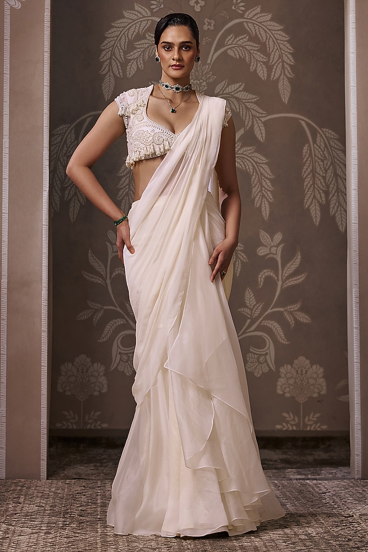 Ivory Chiffon & Organza Embroidered Draped Reception Saree Set by Ridhi Mehra at Pernia's Pop Up Shop