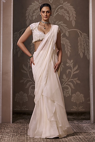 Ivory Chiffon & Organza Embroidered Draped Saree Set by Ridhi Mehra
