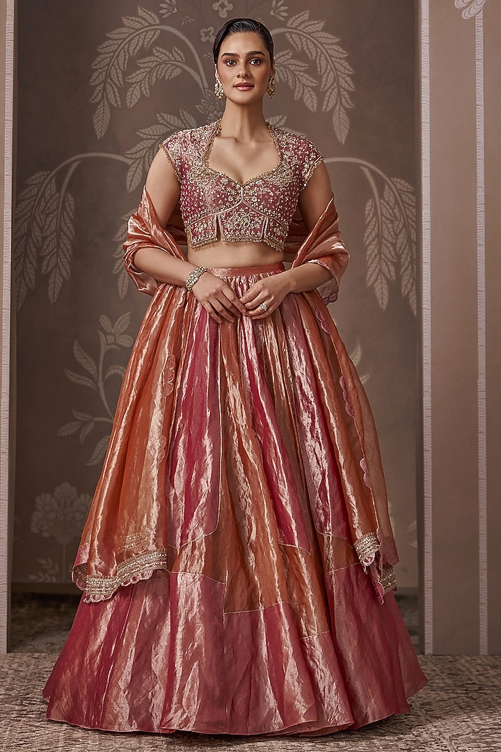 Fuchsia & Orange Tissue Embroidered Wedding Lehenga Set by Ridhi Mehra at Pernia's Pop Up Shop
