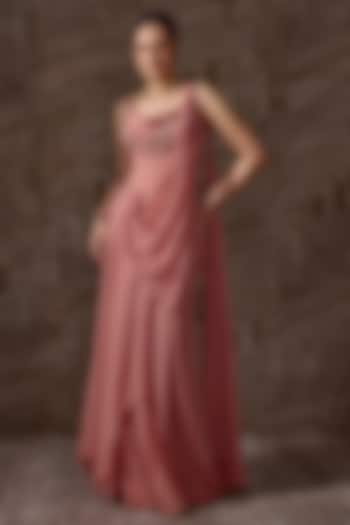 Peach Chiffon Embellished Draped Wedding Saree Set by Ridhi Mehra at Pernia's Pop Up Shop