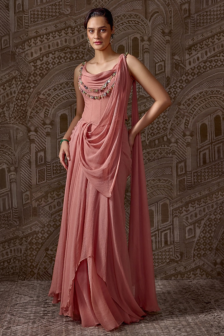 Peach Chiffon Embellished Draped Wedding Saree Set by Ridhi Mehra at Pernia's Pop Up Shop