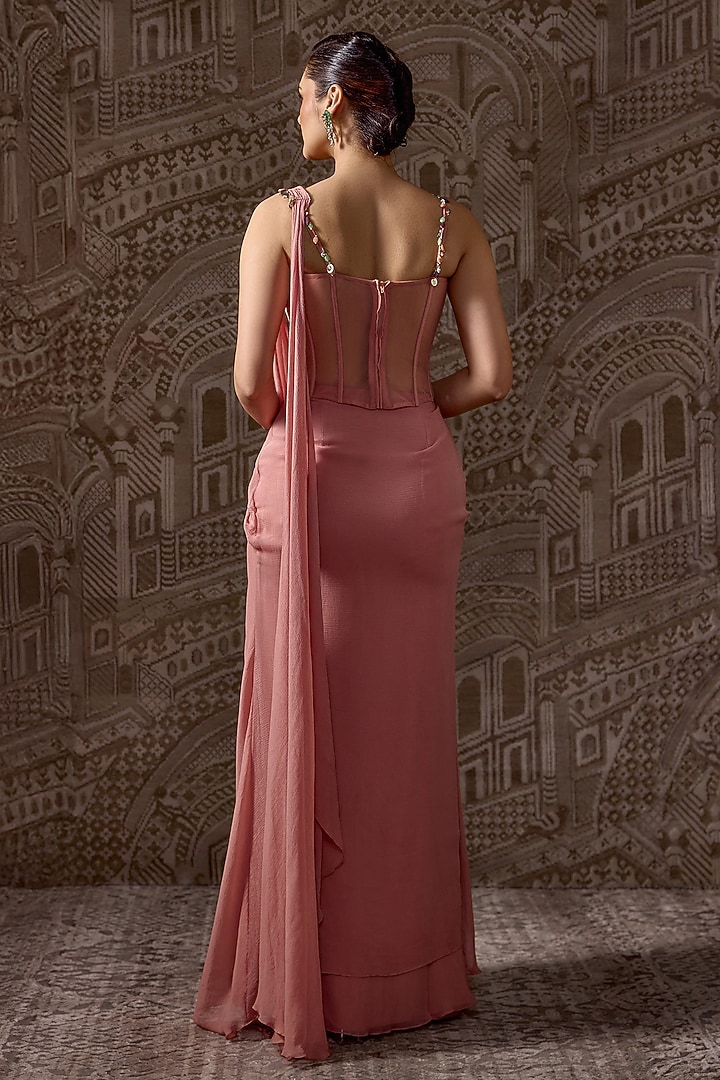 Peach Chiffon Embellished Draped Wedding Saree Set by Ridhi Mehra at Pernia's Pop Up Shop