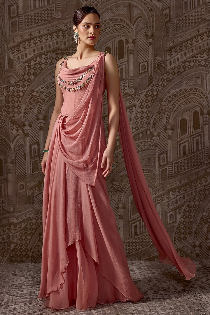 Peach Chiffon Embellished Draped Wedding Saree Set by Ridhi Mehra at Pernia's Pop Up Shop