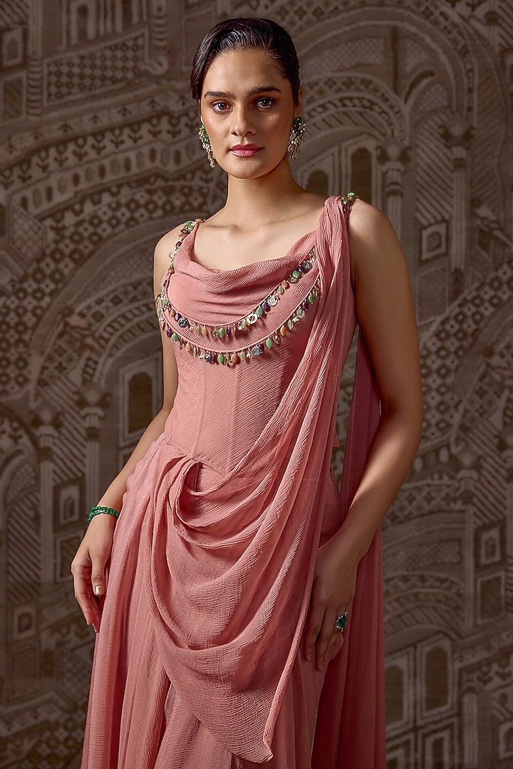 Peach Chiffon Embellished Draped Wedding Saree Set by Ridhi Mehra at Pernia's Pop Up Shop