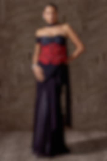 Black Chiffon Embroidered Draped Skirt Reception Saree Set by Ridhi Mehra at Pernia's Pop Up Shop