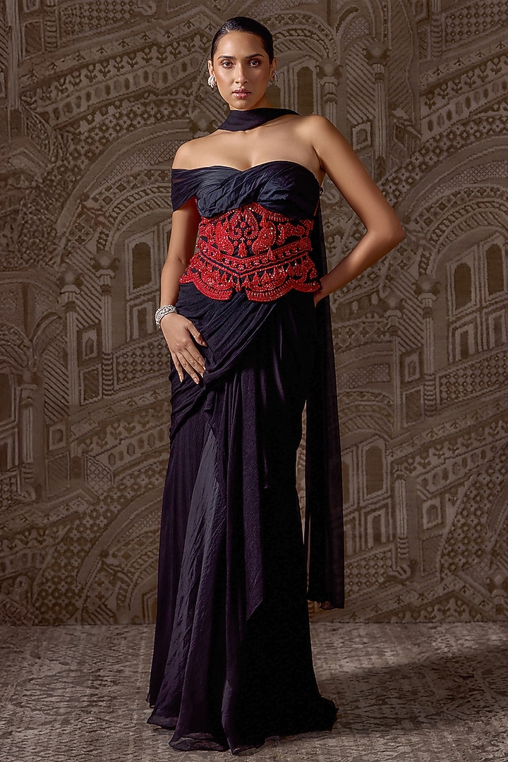 Black Chiffon Embroidered Draped Skirt Reception Saree Set by Ridhi Mehra at Pernia's Pop Up Shop